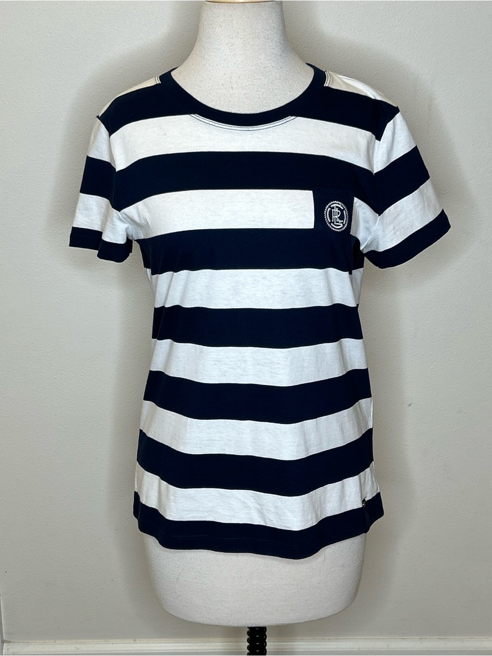 Lauren Ralph Lauren Navy and White Striped Short Sleeve Tee Size M